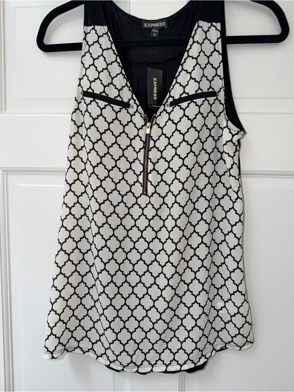Express Black & White Geometric Zip-Front Tank Top